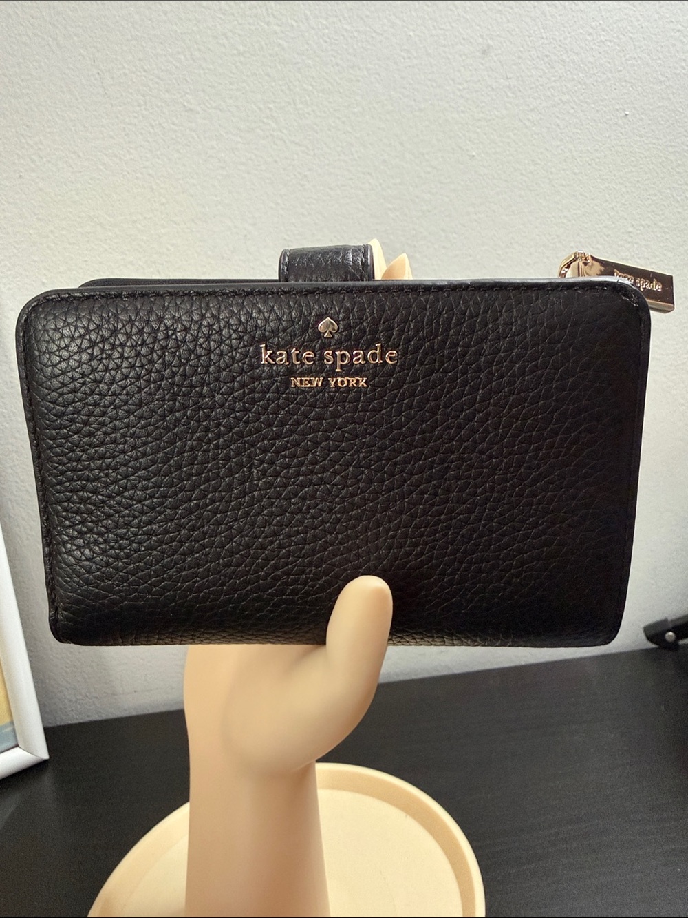 kate spade black pebbled leather zip around wallet with gold logo